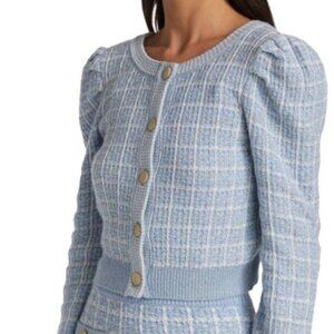 Love Shack Fancy Daughter Cropped Cardigan Sz M Tweed Checked Blue Gold Buttons